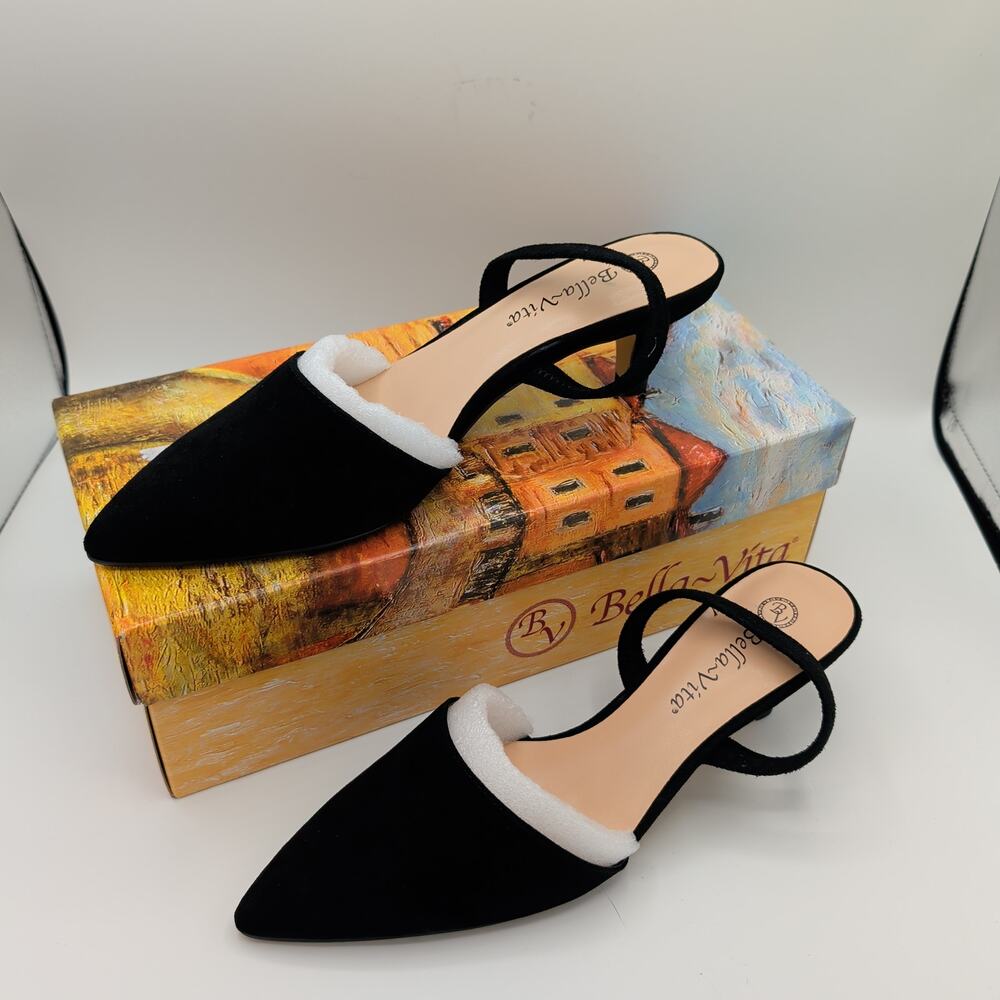 Bella-Vita Sarah Black Suede Leather Slingback Pumps Heels Womens 7.5 W Wide NIB
